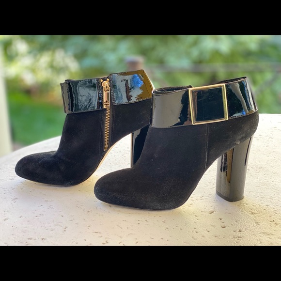 Tory Burch Shoes - TORY BURCH Black Suede and Patent Leather Buckle Booties EUC